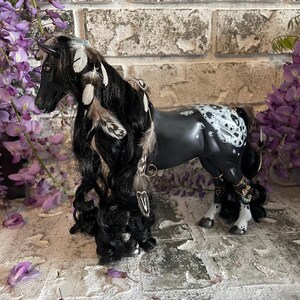 Custom Fantasy Black Appaloosa Horse, Wire Wrapped, Beads, Feathers