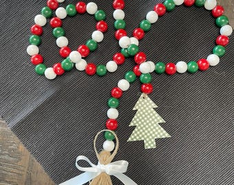 Farmhouse Christmas Garland: Wood Beads, Checked Tree, Twine Tassel