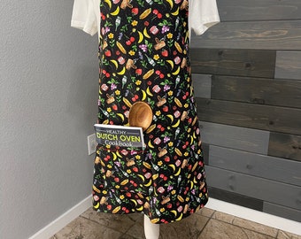 Handmade Reversible Cotton Apron: Black Picnic Print, Farmhouse Style