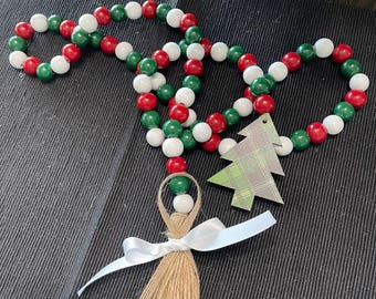 Farmhouse Christmas Garland: Wood Beads, Plaid Tree, Twine Tassel