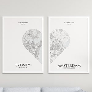 Conjunto de 2 presentes de arte de parede de mapa de cidade personalizado para casais, arte de mapa de locais personalizados, sua cidade, qualquer cidade, download digital de arte de parede para impressão