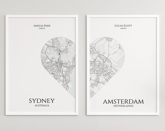 Conjunto de 2 regalo de arte de pared de mapa de ciudad personalizado para parejas, arte de mapa de ubicaciones personalizadas, su ciudad, cualquier ciudad, descarga digital de arte de pared imprimible