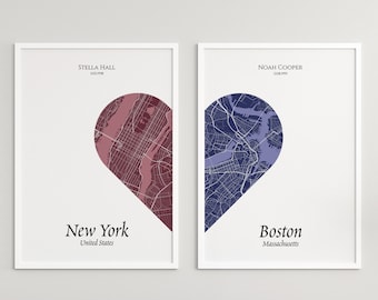 Conjunto de impresiones de mapas de 2 piezas, mapa de la ciudad personalizado, arte personalizado de la pared del mapa de la ciudad, regalo para parejas, regalo del día de San Valentín, descarga digital