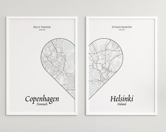 Benutzerdefinierte 2 Stück Stadt Karte Drucke in Herzform, Personalisierte Stadt Karte Wandkunst, Geschenk für Ihn, Geschenk für Sie, Perfektes Geschenk für Paare