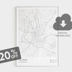 Stadsplattegrond van Vilnius, kunst aan de muur Vilnius, Litouwen Wall Art Print, kaart afdrukken Baltische staten, kaarten Oost-Europa, instant digitale download