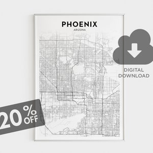Download do mapa da cidade de Phoenix, impressão do mapa da cidade de Phoenix, impressão artística do mapa do Arizona, presente para ele, pôster do mapa da cidade em preto e branco, decoração de arte de parede de casa
