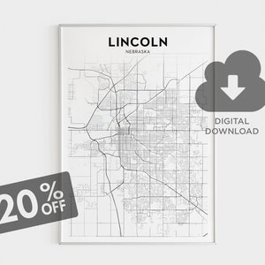 Lincoln City Map Art Print, Lincoln Downloadable Map Poster, Minimalistic Nebraska Map, US Cities, US States, Instant Digital Download