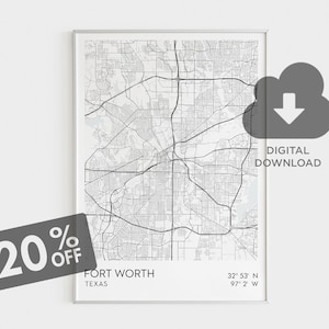 Fort Worth Map Art, Fort Wort Wall Art, Texas State Map, Digital Print, Texas Map Office Decor, Fort Worth Street Map, United States