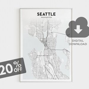 Seattle Stadt Karte Print, Seattle Karte Kunst druckbar, Seattle Street Karte, Washington State Stadt Karte Poster, US Städte, Wohnzimmer Karte Decor