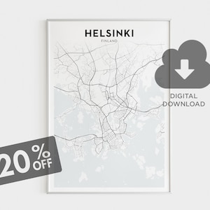 Impresión del mapa de la ciudad de Helsinki, arte de la pared de Helsinki, ciudades de Finlandia, mapas finlandeses, ciudades escandinavas, mapa de la ciudad en blanco y negro, descarga digital