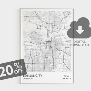 Kansas City Map Print, Kansas City Wall Art, Missouri Map Art, Black and White Large Wall Map, Gift for Him, Modern Map