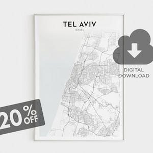 Impression de carte de Tel Aviv, art de carte d'Israël, carte de rue de Tel Aviv, décor de mur d'Israël, carte imprimable d'art de mur, décor de salle de séjour, téléchargement immédiat
