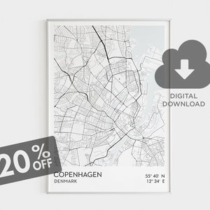 Kopenhagen Stadtplan Download, Dänemark Karte Drucken, Kopenhagen Große Wandkarte, Kopenhagen Wandkunst, schwarz weiß Stadtplan Poster, Karte Kunst