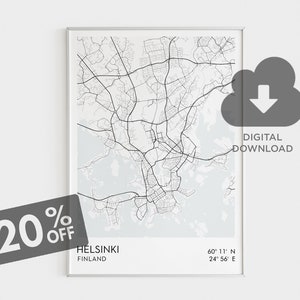 Mapa miasta Helsinki, wydruk ścienny Helsinki, miasta Finlandii, miasta skandynawskie, mapy północne, czarno-biała mapa miasta, pobieranie cyfrowe