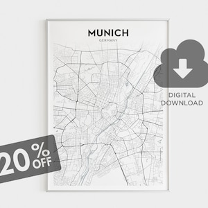 Download do mapa da cidade de Munique, impressão do mapa da Alemanha, arte do mapa de Munique, Deutsche Städte, mapa da cidade, pôster do mapa da cidade em preto e branco, decoração de arte de parede