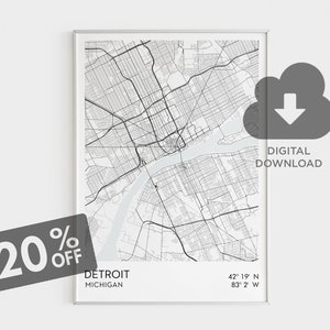 Detroit City Map Wall Art, Detroit Location Map Art Print Gift for Travelers, Michigan State Housewarming Gift Wall Art, US Cities Wall Art