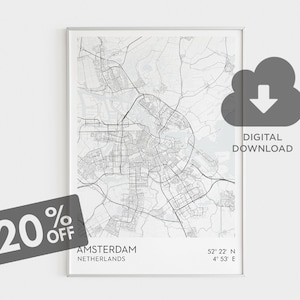 Impression de carte de la ville d'Amsterdam, carte de localisation d'Amsterdam, Art GPS d'Amsterdam, carte des Pays-Bas, art de carte numérique, décoration murale, téléchargement numérique instantané