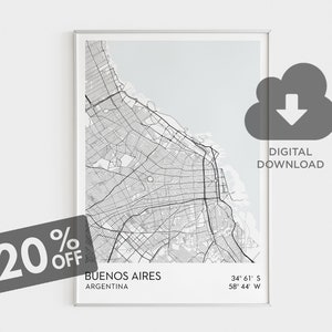 Impresión de mapa de Buenos Aires, arte de mapa de Argentina, coordenadas de Buenos Aires, decoración de pared de Argentina, mapa imprimible, sala de estar mínima imprimible