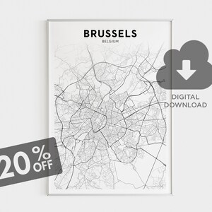 Impression de carte de Bruxelles, Art mural de Bruxelles, Impression de carte de Belgique, Carte de l'Europe, Décoration murale de salon, Art mural imprimable, Téléchargement numérique instantané