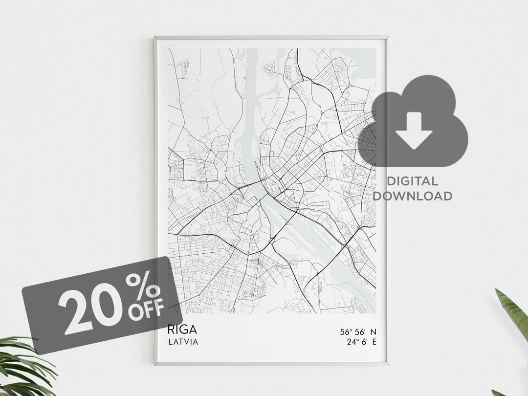 Riga City Map Download, Riga Map Art, Lettish Cities, Scandinavian Wall ...