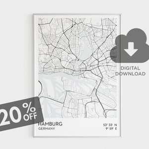 Arte de parede de Hamburgo, impressão de mapa da Alemanha, arte de mapa da cidade de Hamburgo, Deutsche Städte, cidades alemãs, impressões de mapas de cidades em preto e branco, decoração de arte de parede