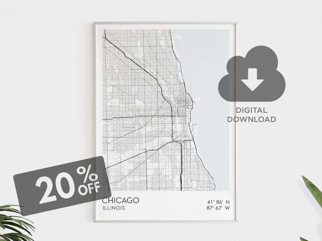 Chicago City Map Print, Illinois Map Art, Chicago Coordinates, Chicago ...