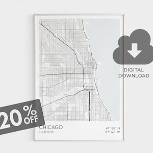 Chicago Stadt Karte Druck, Illinois Karte Kunst, Chicago Koordinaten, Chicago Stadt Karte Poster, Home Office Wand Dekor, Karte Kunst druckbar