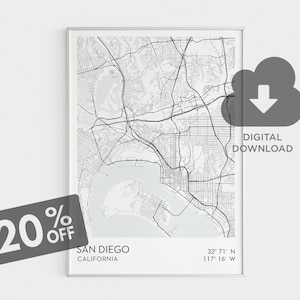 San Diego Map Print, California Poster, CA Wall Art, Town Map Print, San Diego Digital Wall Art, Printable Gift, Custom Map Print