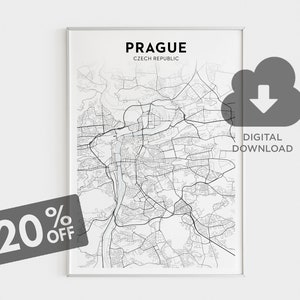 May include: A black and white printable map of Prague, Czech Republic. The map is framed in a white frame and is ready to be downloaded digitally.