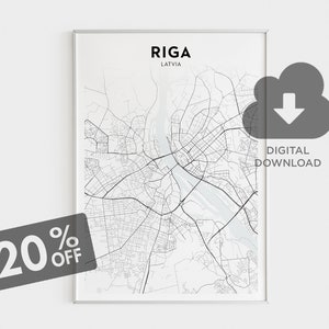 Download do mapa da cidade de Riga, pôster do mapa da cidade de Riga, arte do mapa da Letônia, cidades da Letônia, países bálticos, pôster do mapa da cidade em preto e branco, decoração de arte de parede