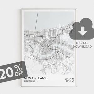 New Orleans Stadt Karte Poster, New Orleans Minimalistische Schwarz Weiß Stadt Karte, Louisiana State Karte, Louisiana Kunstdrucke, Poster, US Städte