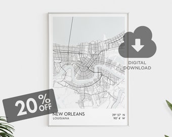 New Orleans City Map Poster, New Orleans Minimalistic Black and White City Map, Louisiana State Map, Louisiana Art Prints, Poster, US Cities