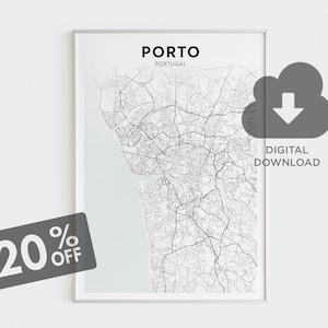 Porto kaart afdrukken, Porto afdrukbare Wall Art, Porto stadsplattegrond, Portugal Art Print, Europese steden, minimalistische kaart, grote muur kaart
