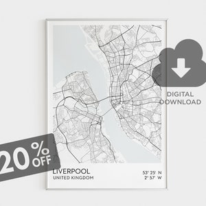 Impresión de mapa de la ciudad de Liverpool, arte de pared de Liverpool, mapa de Inglaterra, ciudades del Reino Unido, regalo de arte de pared para él, regalo para ella, descarga digital