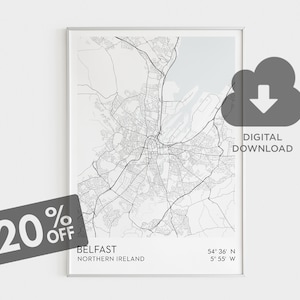 Belfast City Map Print, Belfast Wall Art Printable, Gift for Him, Belfast Location Art Print, Northern Ireland Poster, Ireland Maps