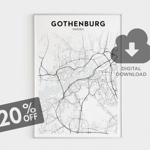 Impressão de mapa da cidade de Gotemburgo, arte de mapa sueco, cidade de Gotemburgo, cidades suecas, mapa de parede grande, impressão de mapa minimalista, download digital