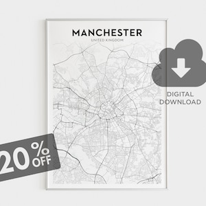 Impresión de mapa de Manchester, cartel de mapa de la ciudad de Manchester, ciudades del Reino Unido, mapas del Reino Unido, ciudades inglesas, mapa de pared grande, impresión de mapa de inicio