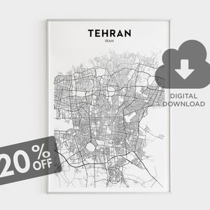 Pode incluir: Um mapa imprimível preto e branco de Teerã, Irã. O mapa está em uma moldura branca com uma borda prateada. O texto "TEERÃ" e "IRÃ" está no topo do mapa. O texto "DOWNLOAD DIGITAL" está em uma nuvem cinza com uma seta para baixo.