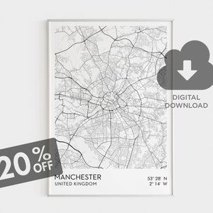 Manchester City Map Print, Manchester Map Art, Manchester Location Map, Digital Map Print, Office Wall Decor, Home Wall Decor, Gift for Him