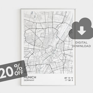 Download do mapa da cidade de Munique, impressão do mapa da Alemanha, mapa de parede grande de Munique, Deutsche Städte, mapa da cidade, pôster do mapa da cidade em preto e branco, arte do mapa