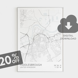 Middlesbrough Karte Druck, Uk Map Art, Middlesbrough Koordinaten, Middlesbrough Karte Kunst, England Stadt Karte, Classy Map Printable, UK Wall Art
