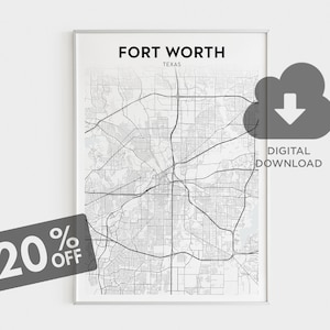 Fort Worth Map Art, Fort Wort Wall Decor, Texas Map, Digital Print, Texas Map Office Decor, Fort Worth Street Map, Instant Download