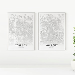 Jeu de 2 impressions de carte de ville personnalisées en téléchargement numérique, carte de ville personnalisée minimaliste, lot de 2, n'importe quelle ville, n'importe quelle ville, art mural imprimable, carte personnalisée