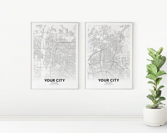 Digital Download Set Of 2 Custom City Map Prints, Minimalist Custom City Map Set of 2, Any Town, Any City, Printable Wall Art, Custom Map