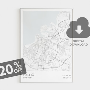 Plakat z mapą miasta Malmö w Szwecji, wydruk ścienny Malmö, mapy Szwecji, współrzędne Malmö, prezenty do druku, dekoracje ścienne Malmö, sztuka ścienna do druku