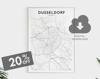Düsseldorf City Map Download, Düsseldorf Map Print, Germany Large Wall Map, Deutsche Städte, Black and White City Map Poster, Map Art