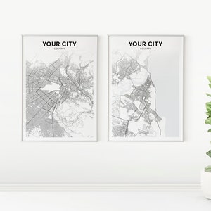 Mapa personalizado da cidade, conjunto personalizado de 2 impressões de mapas de qualquer cidade, presente para ele, conjunto de 2 mapas personalizados da cidade, arte de parede para impressão, download digital