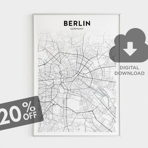 Impressão do mapa de Berlim, impressão da Alemanha, arte da parede da cidade de Berlim, pôster de arte da Alemanha, impressão do mapa da cidade de Berlim, arte minimalista, mapa de parede grande