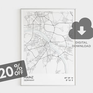 Mainz Map Print, Mainz Wall Art, German Cities, Germany Maps, Living Room Wall Decor, Printable Wall Art, Instant Digital Download