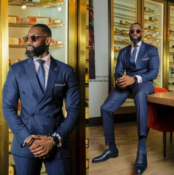 Navy blue pinstripe top double breasted suit